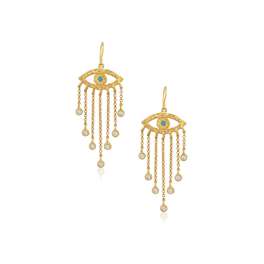 Handcrafted gold evil eye earrings with tuqrouise center made for Charleston brand Seyahan; handcrafted in Istanbul